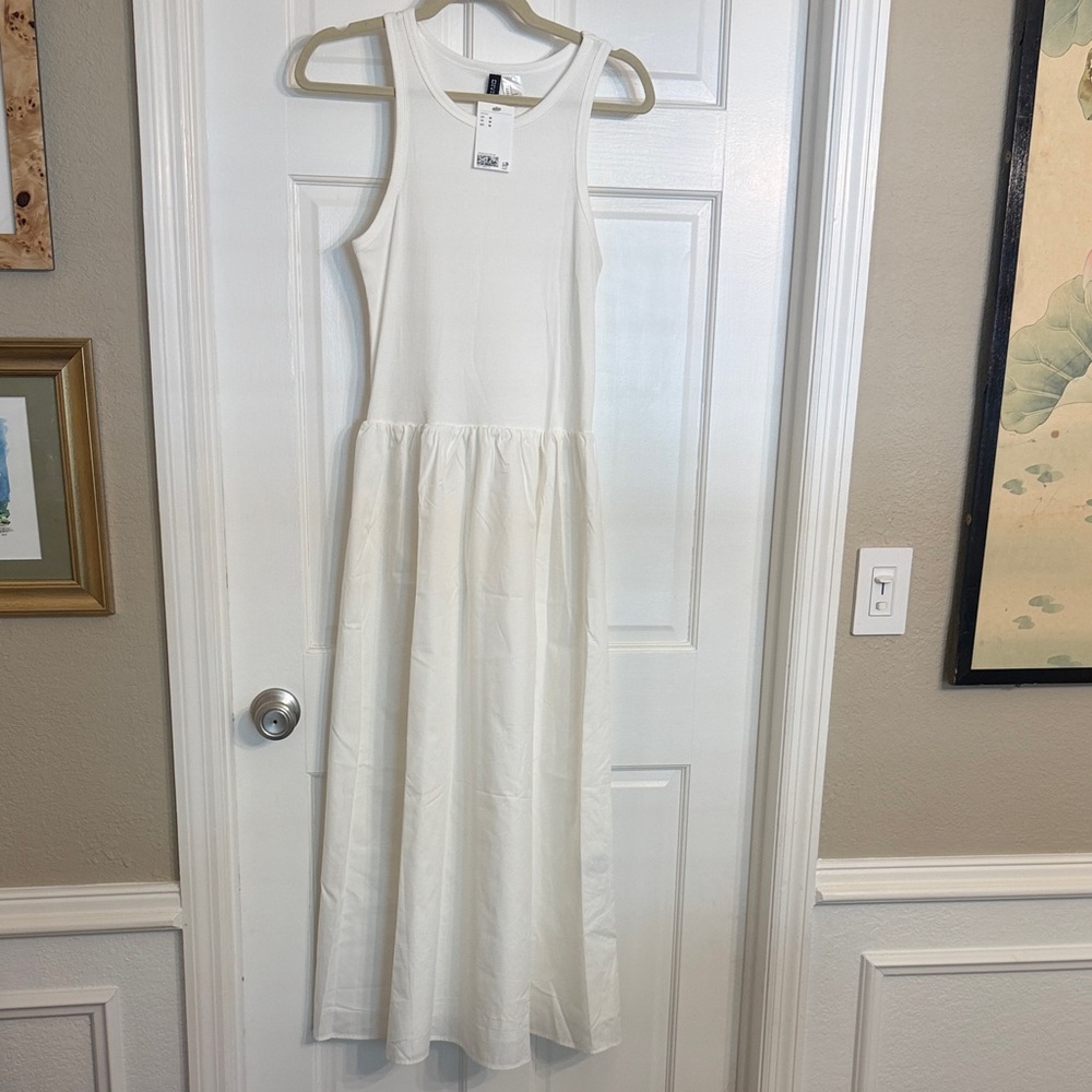 H&M White Ribbed Sleeveless Maxi Dress with Cotton Poplin Skirt